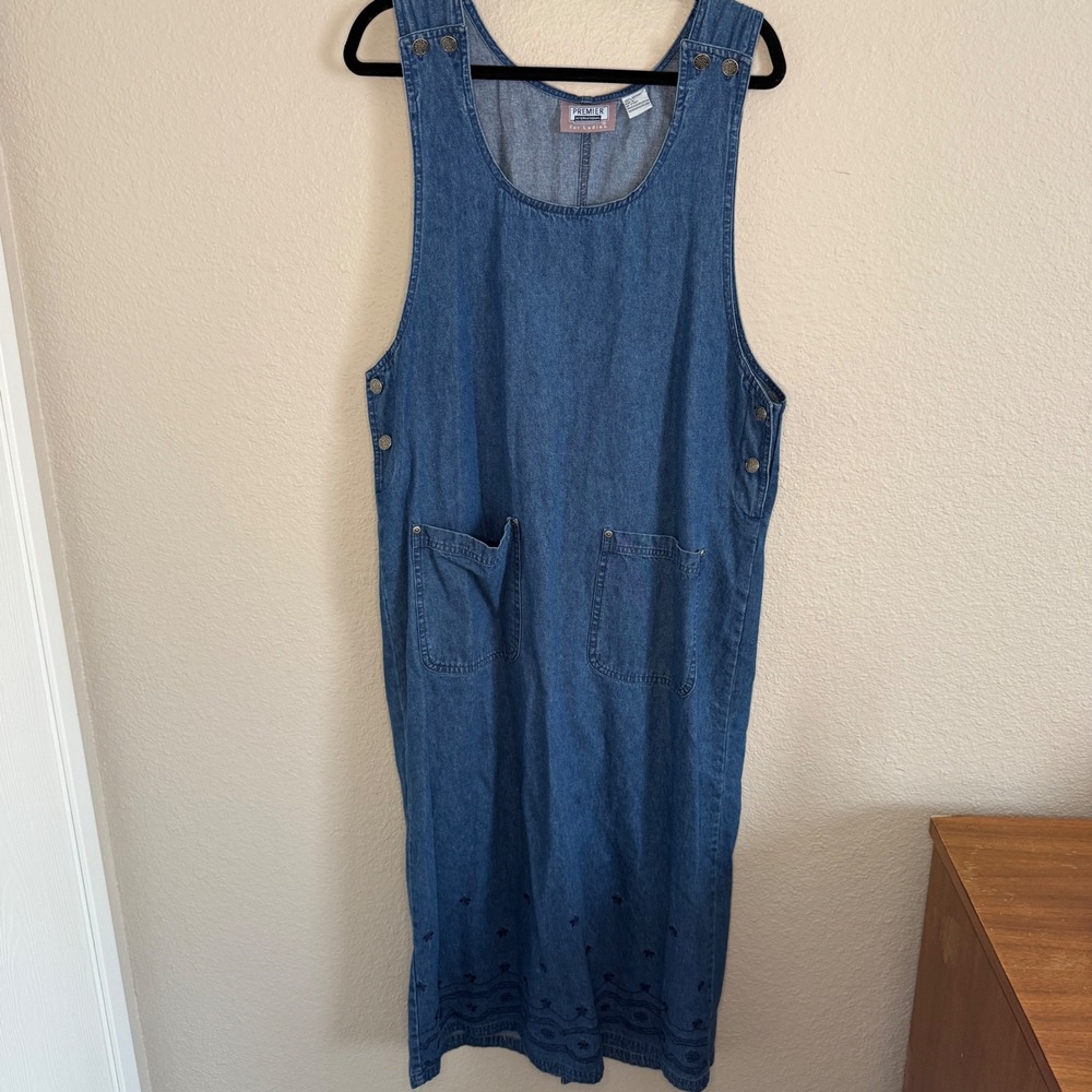Vintage Embroidered Cottage Prairie Denim Maxi Pinafore Overall Dress Large